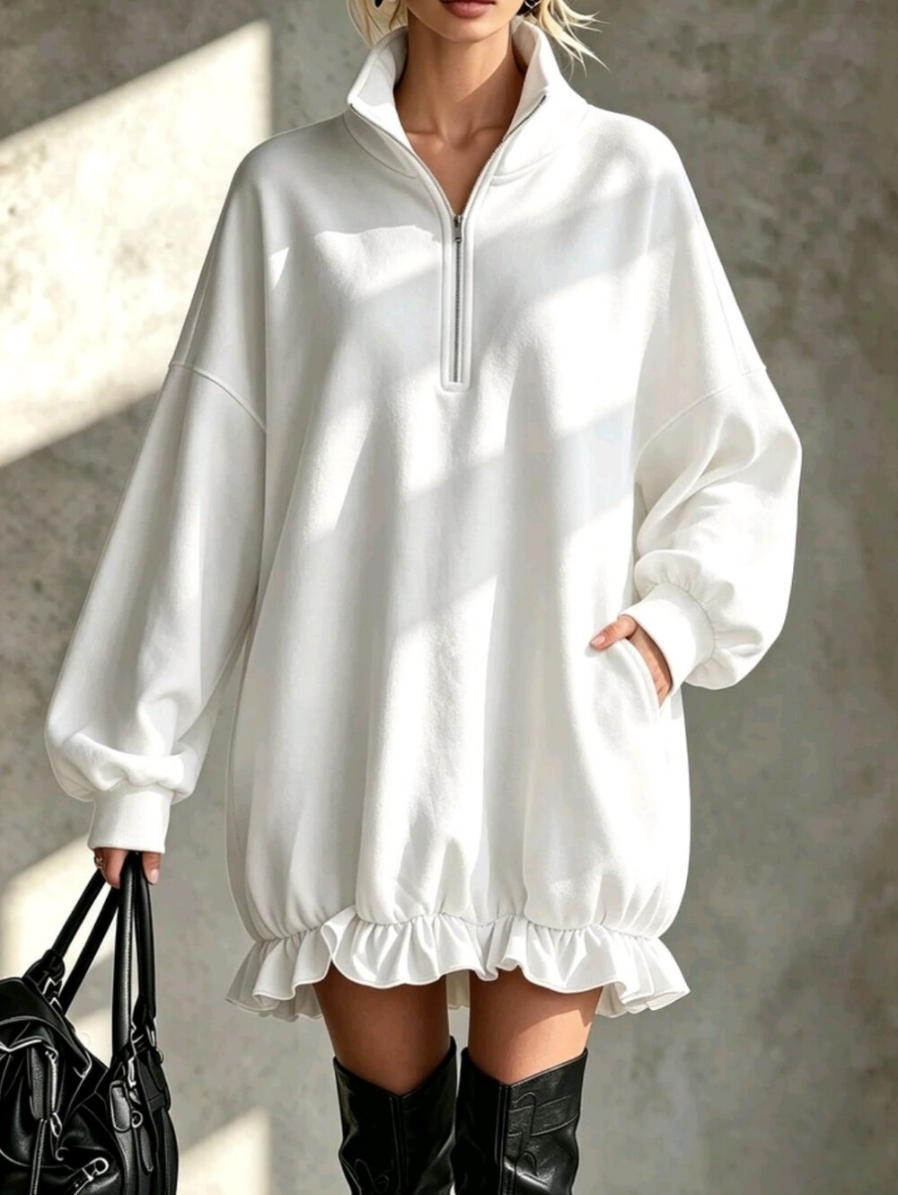 Trelyra White Top Half‑Zip Stand Collar Sweatshirt, Ruffle Hem Patchwork,Going